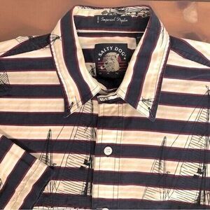 Salty Dog Gant Men's Medium Navy Yellow Striped‎ Nautical Sailing Short Sleeve